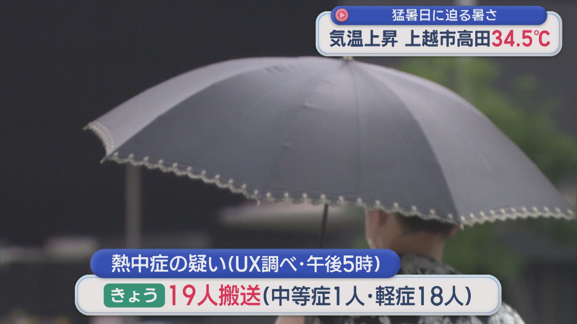 上越市高田34.5℃など 猛暑日に迫る暑さ、熱中症疑いで19人搬送【新潟】 2026年07月22日(水)