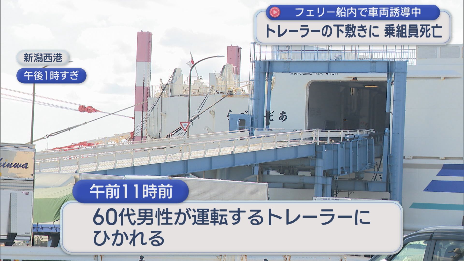 フェリー船内で車両誘導中 トレーラーの下敷きに 20代乗組員ひかれ死亡【新潟】